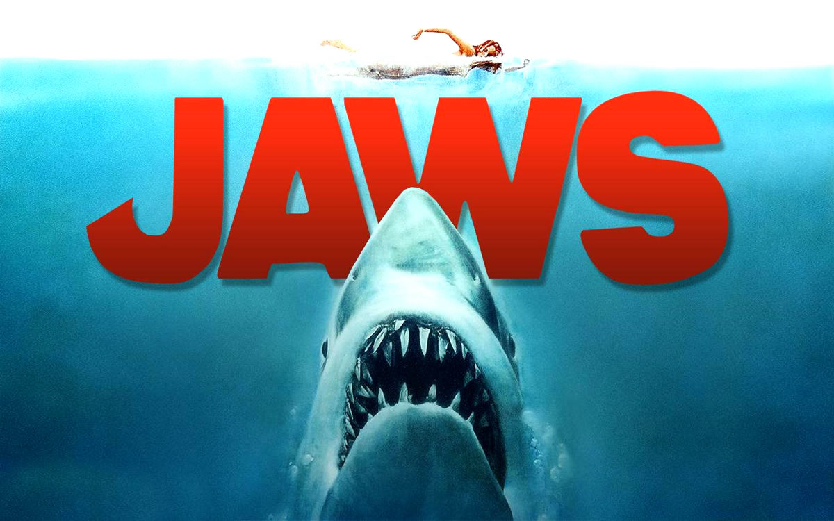ímagen del póster oficial de la saga de películas Tiburón o Jaws, de steven spielberg